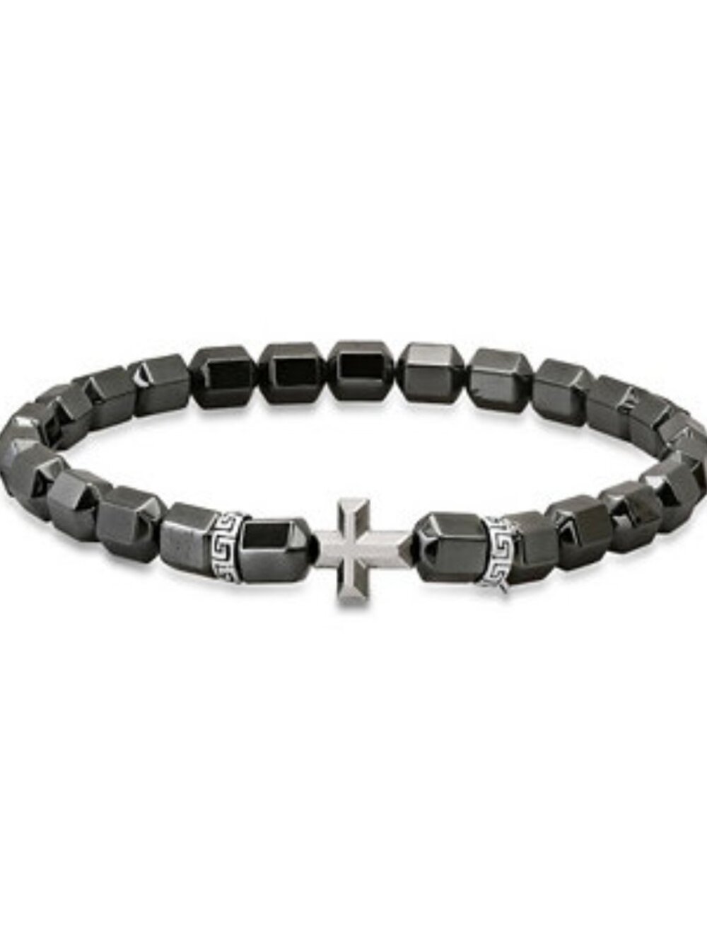 Steeltime Men’s Sterling Silver Cross & Hematite Beaded Stretch Bracelet - NIP